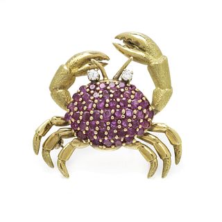 TIFFANY & CO., YELLOW GOLD, RUBY AND DIAMOND CRAB BROOCH