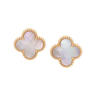 VAN CLEEF & ARPELS, YELLOW GOLD AND MOTHER-OF-PEARL 'ALHAMBRA' EARCLIPS