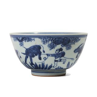 A BLUE AND WHITE 'BOY AND WATER BUFFALO' BOWL