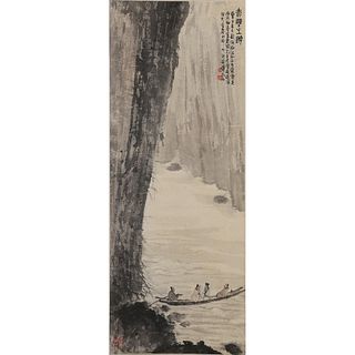 SCHOLARS ON A BOAT, HANGING SCROLL CHINESE PAINTING