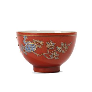 A RED-GROUND FLORAL CUP