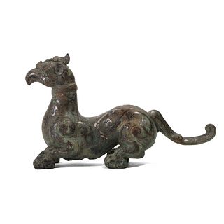 A SILVER-INLAID BRONZE MYTHICAL BEAST