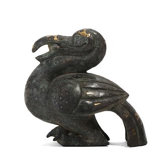 A GOLD AND SILVER-INLAID BRONZE BIRD
