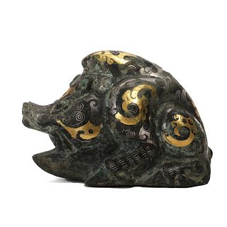 A GOLD AND SILVER-INLAID BRONZE MYTHICAL BEAST 