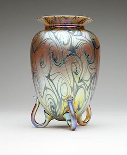 Quezal iridescent art glass footed King Tut vase