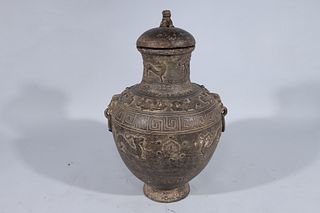 Large Archaistic Chinese Covered Ceramic Vase