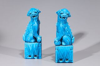 Pair of Chinese Blue Glazed Ceramic Foo Lions