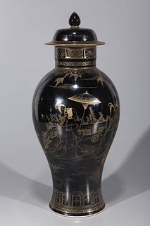 Chinese Black Glazed & Gilt Porcelain Covered Vase