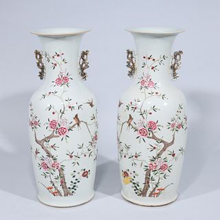Pair of Tall Chinese Gilt & Enameled Porcelain Vases