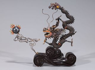 Chinese Sterling Silver & Enamel Dragon Statue