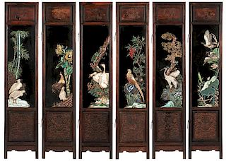 A Chinese carved hardwood and cloisonne screen