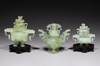 Group of Three Chinese Carved Covered Vessels