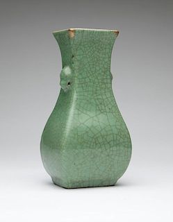 A Chinese apple-green crackle-glaze fanghu vase