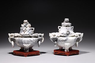 Pair of Chinese Carved Covered Censers