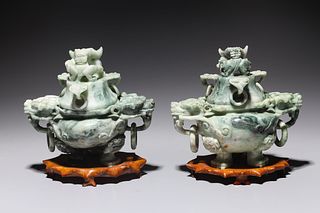 Pair of Chinese Carved Harsdstone Covered Censers