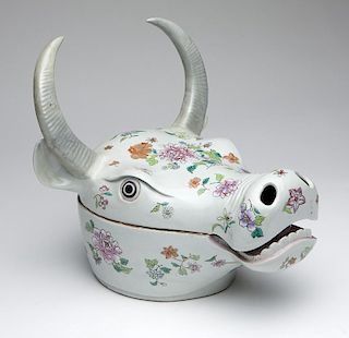 A Chinese ceramic bull's head lidded compote