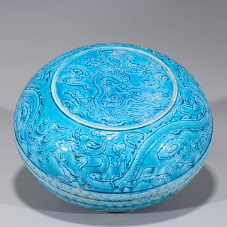 Chinese Ming Style Blue Glazed Porcelain Box