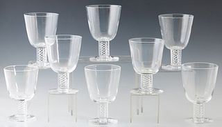 Set of Eight Steuben Airtwist Glass Spiral Stem Red Wine Goblets , designed by George Thompson in 1950, with etched Steuben signature on the underside