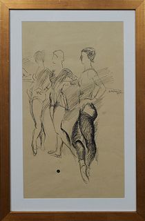 American School, "Ballerinas at the Bar," c. 1979, ink on paper, signed indistinctly center right and dated, presented in a gilt frame, H.- 18 3/4 in.