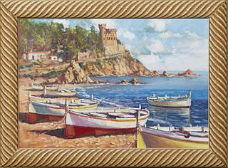 Torregassa (Spain), "Fishing Boats Docked at the Harbor with Castle in Distance," 20th c., oil on canvas, signed lower left, presented in a wood frame