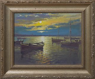Torregassa (Spain), "Boats at Sunset," late 20th c., oil on canvas, unsigned, purchased from the artist, presented in a silvered frame, H.- 8 1/4 in.,