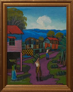 Roy Ravee (Honduras), "Two Men Loading Bananas onto Railcars," 2011, acrylic on canvas, signed and dated lower left, presented in a gilt frame, H.- 11