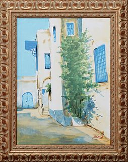 Sandi (Tunisia), "Tunisian Street Scene," 20th c., oil on canvas, signed lower left, presented in a painted wood frame, H.- 15 1/8 in., W.- 11 1/4 in.