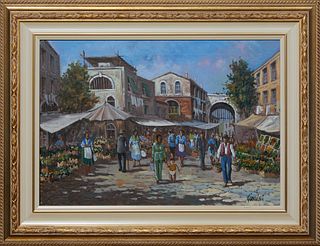 Sergio Giolini (1949-, Italy), "Village Scene in Taormina, Sicily," 21st c., oil on canvas, signed lower right, presented in a gilt relief frame, H.- 
