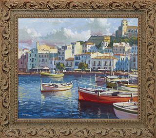 Torregassa (Spain), "Spanish Coastal Town with Boats Docked at Harbor," 21st c., oil on canvas, signed lower left, presented in a polychromed wood fra