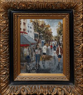 Josep Bonet Subirats (1965-, Spain), "Street Scene," 21st c., oil on canvas, signed lower right, presented in a highly carved gilt frame, H.- 15 1/2 i