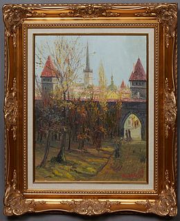 Aragat G. Kalachian (Estonia), "The City Gate, Tallinn, Estonia," c. 2001, oil on canvas, signed and dated lower right, signed and dated en verso, pre