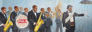 Franco Alessandrini (1944-, New Orleans/Italian), "Yo'Mama Brass Band," 20th c., oil on canvas, unsigned, previously affixed to a wall, H.- 58 1/2 in.