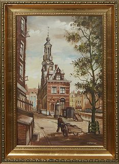 Jansma, "Muttoren, Amsterdam," 20th c., oil on canvas, signed lower right, presented in a gilt relief frame, H.- 23 in., W.- 15 1/4 in., Framed- H.- 2