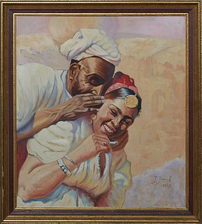 J. Janick, "Laughing Couple," 1937, oil on canvas, signed and dated lower right, presented in a gilt wood frame, H.- 19 3/4 in., W.- 17 1/2 in., Frame