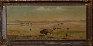 Wood (American), "Buffalo Roaming the Plains," 20th c., oil on canvas, signed lower right, presented in a wood frame, H.- 15 1/2 in., W.- 35 1/2 in., 