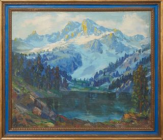 American School, "Californian Landscape," early 20th c., oil on canvas, unsigned, with a "California artist" sale sticker en verso, presented in a gil