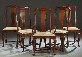 Set of Six (4 +2) Carved Mahogany Queen Anne Dining Chairs, 20th c., consisting of two arm chairs and four side chairs, the arched back over a vasifor