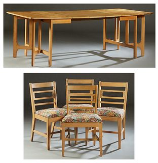 Edward Gormley, for Drexel, Mid-Century Modern Carved Walnut Five Piece Dining Room Suite, c. 1950, consisting of a dropleaf gateleg table with three 