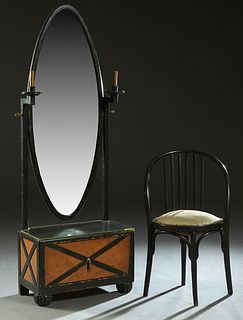 After Jindrich Halabala (1903-1978, Czechoslovakia), Carved Ebonized Oak Vanity Mirror, 20th c., the large oval beveled mirror on two square supports 
