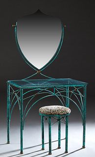 Mario Villa (1953-2021, Nicaragua/New Orleans), Patinated Steel Dressing Table, and Circular Stool, 20th c., the shield shaped swivel mirror over a gl