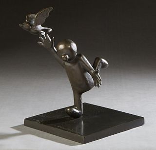 David Stoltz (1943-, American), "Man with Bird," 2001, 3/20, patinated bronze, impressed "Tallix" for the New York foundry, signed, numbered and dated