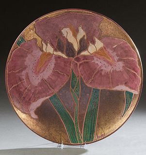 A. Hodge, (Perhaps Albert Hodge) Large Glazed Ceramic Charger, 20th c., with painted floral decoration, signed lower center and verso, H.- 2 3/4 in., 