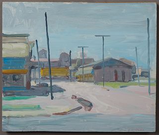 Robin Durand (Hawaiian/New Orleans), "Blue Intersection," 2001, oil on masonite, signed lower right, signed, titled, and dated en verso along with Col