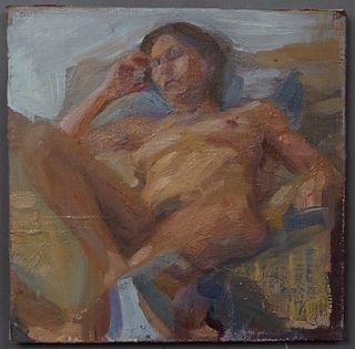 Denyce Celentano (Louisiana), "Figure Study," 21st c., oil on canvas laid to board, unsigned, label en verso from Cole Pratt Gallery, New Orleans, LA,
