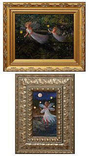Logan (American), "Fairy Lights" and "Swamp Fairy," 21st c., oil on board, signed lower right, both titled en verso, presented in gilt wood frames, H.
