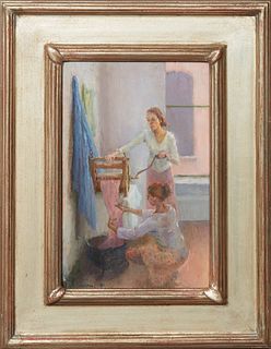 Gustave Blache III (1977-, New Orleans), "Curtain Cleaners (Drying Press)," 2003, oil on panel, signed and dated lower left, Cole Pratt Gallery label 