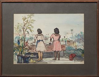 Nestor Fruge (1916-2012, Louisiana), "Two Women," 20th c., watercolor on paper, signed lower right, with E. L. Borenstein Collection paperwork attache