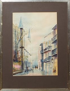 Nestor Fruge (1916-2012, Louisiana), "View of St. Louis Cathedral from Pirates Alley," 20th c., watercolor on paper, signed lower left, presented in a