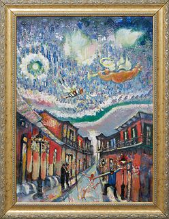 Brad Reynolds (New Orleans), "LSU Player Falling from the Sky Over Bourbon Street," 21st c., oil on canvas, unsigned, presented in a gilt wood frame, 