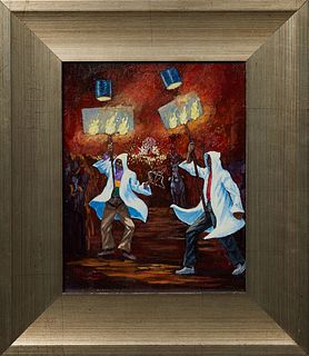 Martin Wohlgemuth (Louisiana), "Two Flambeaux at Mardi Gras," 21st c., oil on canvas, signed lower left, presented in a silvered frame, H.- 9 1/2 in.,